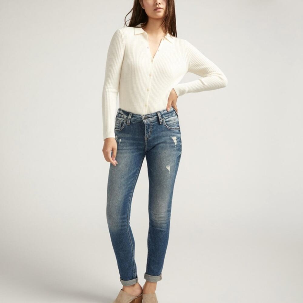 Silver Jeans Co Girlfriend Mid Rise Jeans Distressed Acid Wash W32 L29